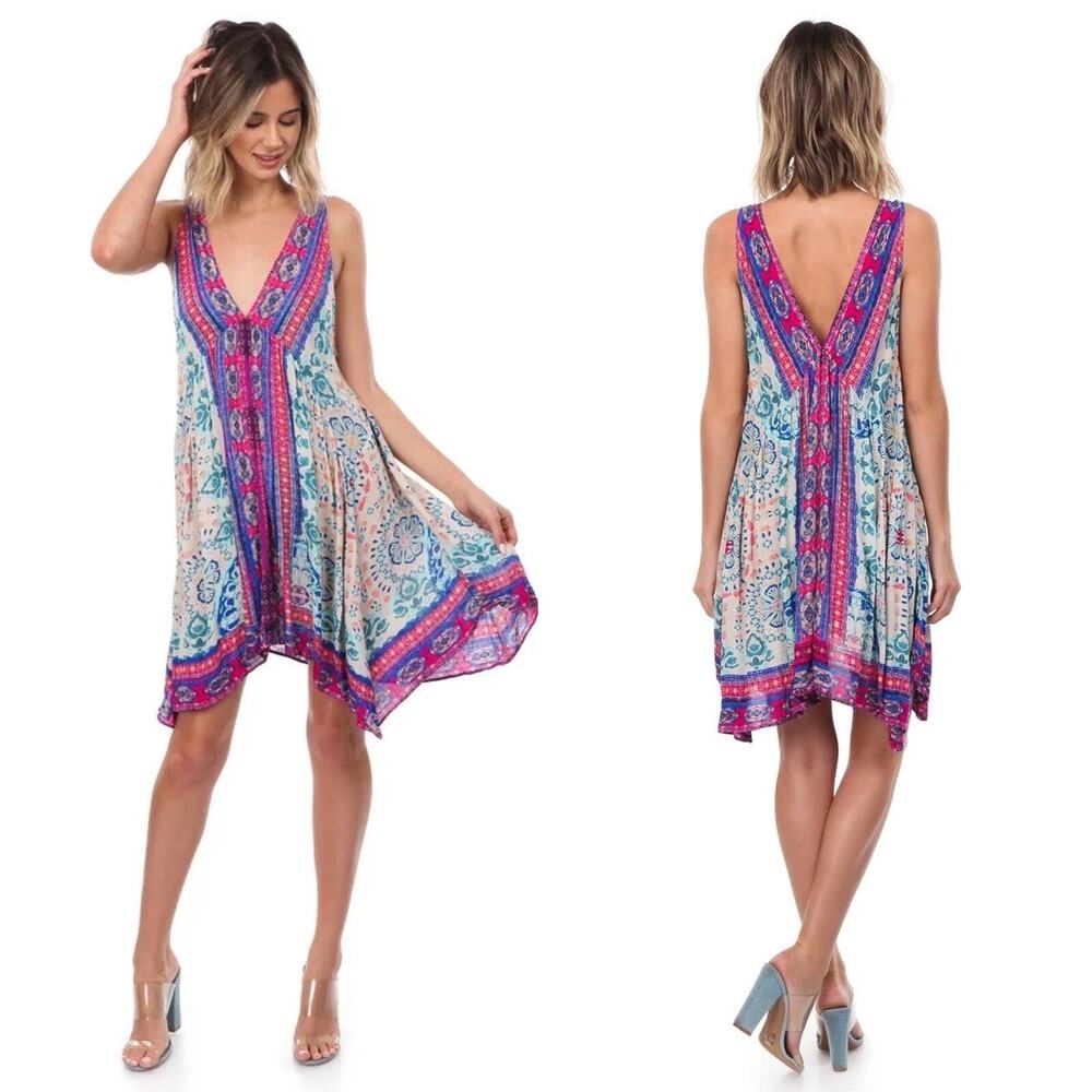 Free People Gypsy Trapeze Slip Dress Boho Asymmetrical Floral Mini Size Small